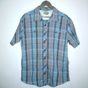 Eddie Bauer LT Mens Classic Fit Short Sleeved Blue Tan Plaid Fishing Shirt
